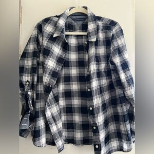 Navy and White Plaid Button-Up Shirt